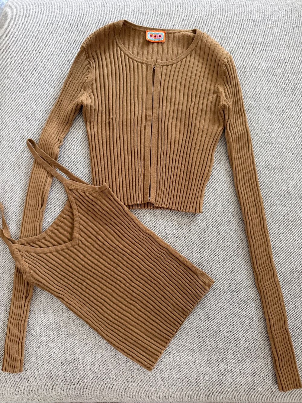 LHD Ribbed Cropped Cardigan & Tank Set - Camel Brown